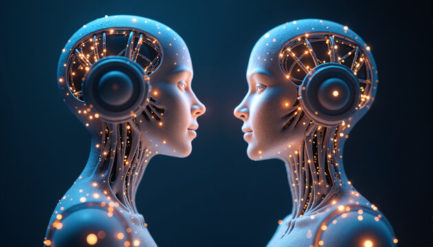 s two robots facing each other with headphones on their heads