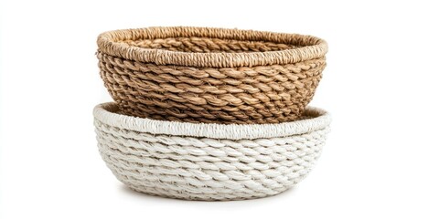 Obraz premium Two woven baskets stacked, one beige and one white, on a plain background. The baskets have a rustic texture and are neatly arranged.