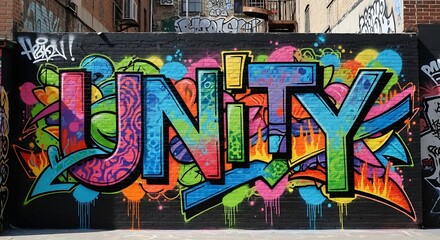 Vibrant Graffiti Art Depicting the Word 'Unity' in a Colorful Urban Setting