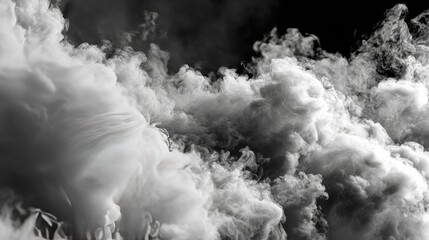 Abstract grayscale smoky clouds swirling against a dark background
