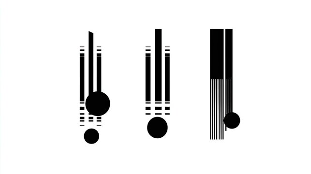 Three abstract, black shapes on white background.  Vertical bars, circles, and lines create a rhythmic pattern