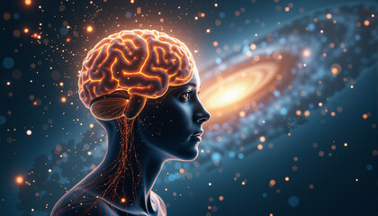 Obraz premium This is an animated image. In this image we can see a person's brain. In the background of the image there is a galaxy.