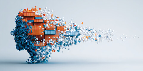 Obraz premium Digital artwork depicts human head silhouette composed of colorful shipping containers and scattered spheres, symbolizing concept of data supply chain resilience and personalized medicine