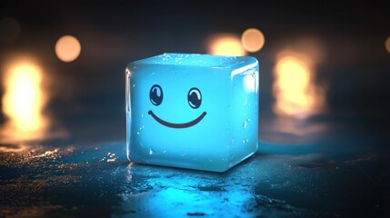 A glowing blue cube with a smiling face, placed on a dark surface with blurred lights in the background. The cube emits a soft, radiant light, creating a serene and whimsical atmosphere.
