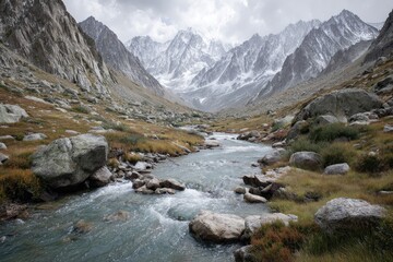 Mountain stream flowing through a valley under a cloudy sky
