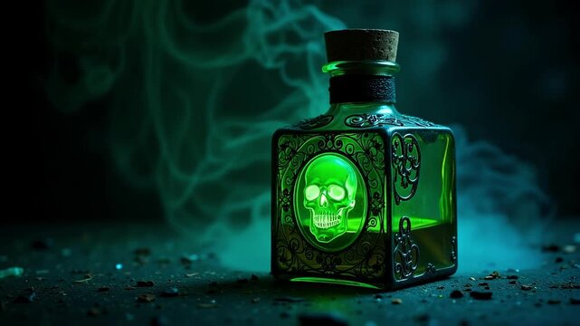 Glowing green skull potion bottle emits eerie smoke, perfect for holiday promotions, dangerous product warnings, or mystic advertising.