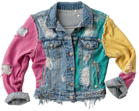 Colorful patchwork denim jacket with mismatched torn fabrics distressed details metal pins and vibrant pink teal and yellow sleeves expressing bold creative and edgy style