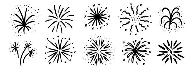 Obraz premium Black hand drawn firework set. Crayon doodled firecracker element collection. Pastel sketches of explosion, spark burst, star lights. Vector charcoal drawn sparkle stickers for birthday, party decor