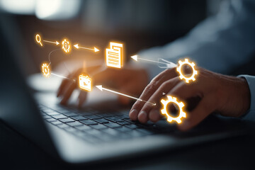 Man touching stock market virtual icons. Business man using Big data for analytics and business intelligence (BI) with chart and graph icons on a digitals screen interface. Online digital and market.