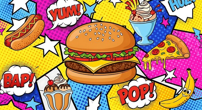 Vibrant cartoon food collage bursting with flavor and playful pop art elements - Powered by Adobe