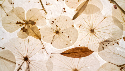 Delicate Translucent Dried Flowers and Leaves on Natural Paper Background Texture
