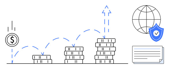 Stacked coins visualize monetary growth, upward arrows indicate progress shield ensures global security document suggests paperwork. Ideal for savings, investment, growth, safety, economy, business