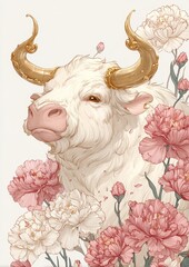 Regal White Ox with January Carnations – A majestic Thai-style zodiac ox with ornate golden horns, surrounded by pink and ivory birth flowers of January.