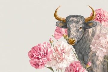 Graceful Gray Ox with January Carnations – A luxurious zodiac-style illustration featuring the birth flower of January and the noble spirit of the ox.