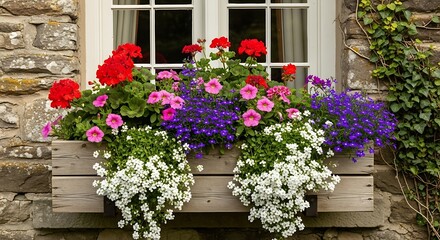 Window box bursting with colorful flowers adorns a stone house facade creating a vibrant display