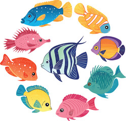 Naklejka premium Flat exotic fish collection arranged in a circle, neon tones, white background