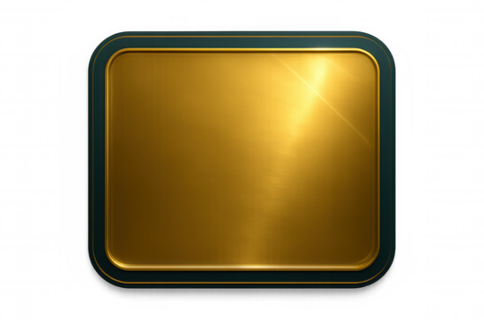 Brushed gold plate with rounded corners and dark green frame, creating an elegant and luxurious backdrop on a transparent background