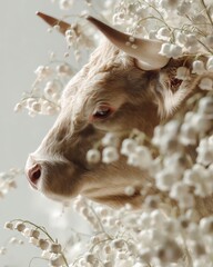 Taurus in Tranquility – A photorealistic side profile of a cream ox nestled in lily of the valley flowers. This serene May zodiac artwork radiates purity, grace, and soft natural beauty.