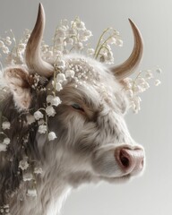 Taurus Serenity – A photorealistic ox crowned with lily of the valley, symbolizing peace, purity, and May birth. Soft lighting and clean background emphasize the calm and elegant presence.