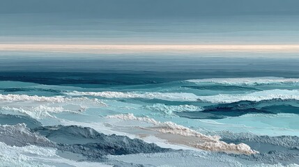 Abstract seascape painting; textured waves in cool blues and whites