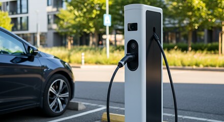 Electric car charging station with modern vehicle connected, sustainable transportation concept