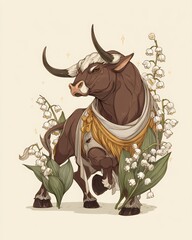 Taurus & May Lily of the Valley – A majestic cartoon ox draped in royal gold and white, standing among May birth flowers. A zodiac and birth month fusion perfect for art, gifts, and print.