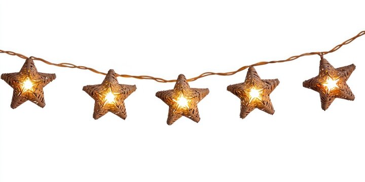A string of star-shaped fairy lights with glowing bulbs, hanging against a plain white background. The stars are rustic and textured, with a warm, golden glow emanating from the bulbs.