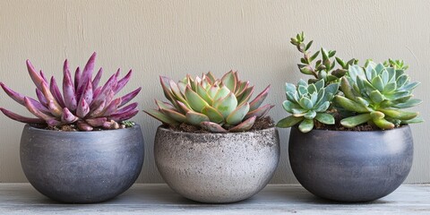 Three succulent plants in gray pots, arranged in a row against a plain wall. The plants have vibrant, colorful leaves with shades of pink, green, and purple.