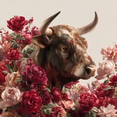Regal Ox Among Scarlet Blooms – A majestic photorealistic ox with multi-toned fur, surrounded by lush red and pink roses and peonies, perfect for luxury designs and nature-themed artworks.