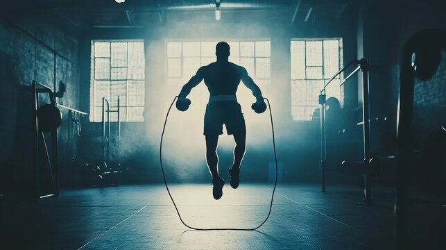 Male Boxer Jumping Rope in Dark Gym Silhouette