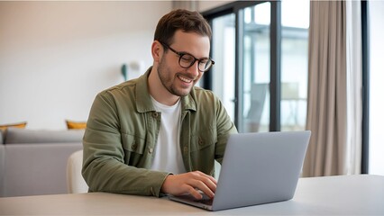 Smiling man with glasses working on a laptop in a bright modern home office, showcasing remote work productivity and a positive lifestyle.