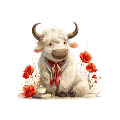 Oxford Ox | A classy cartoon ox with cream fur, dressed in a vintage suit and floral scarf, surrounded by poppies, tea, and books. Ideal for stationery, cozy prints, or British-style decor.
