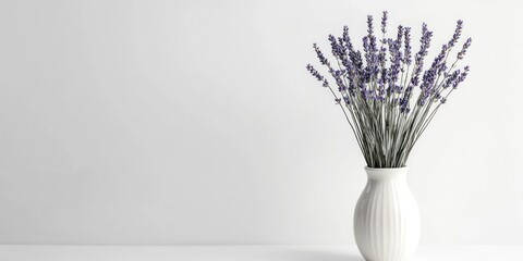 A white vase with lavender flowers in a minimalist setting against a plain white background. The vase is simple and elegant, with the flowers adding a touch of natural beauty.