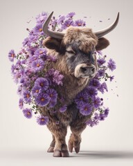 Noble Walk Among Asters | A photorealistic ox striding through vibrant purple aster flowers. Calm, proud, and surrounded by soft petals. Perfect for autumn, strength, and mindfulness themed visuals.