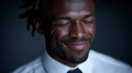 Obraz premium A Black man with closed eyes and a gentle smile wearing a white shirt and tie