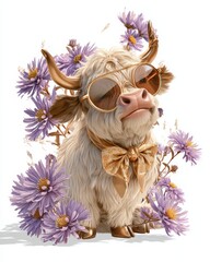 Golden Dandy Ox | Adorable full-body cartoon ox with golden aviator sunglasses, silky gold bow tie, and soft cream fur. Surrounded by asters, perfect for autumn charm and stylish merch appeal.