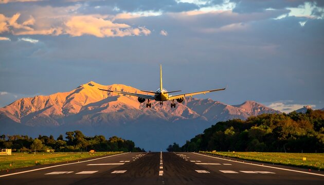 Airplane landing on runway with mountains in the background during sunset