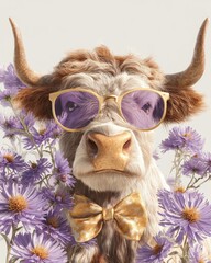 Golden Vintage Ox | Hip cartoon ox with natural brown horns, purple sunglasses, and golden patterned bow tie. Surrounded by aster blooms, this artwork celebrates September with a modern vintage flair.