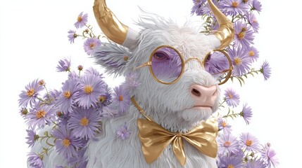 Regal September Ox | Majestic cartoon ox with white fur, golden horns and bow tie, surrounded by soft purple aster flowers. A refined tribute to September’s birth flower and the zodiac ox.