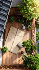 Serene japanese-inspired balcony with tatami mats, bonsai, and lush greenery