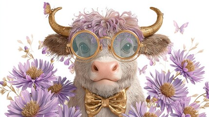 Hipster Ox with Asters | A cartoon ox in golden round glasses and bow tie, surrounded by purple aster flowers and butterflies. A stylish tribute to the zodiac ox and September bloom.