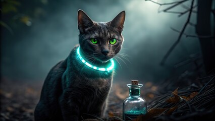 Mysterious grey cat with glowing green eyes and neon collar sits near potion bottle in dark forest