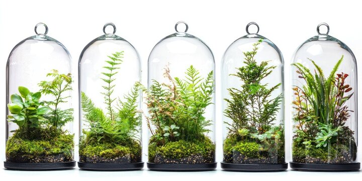 Five glass cloches containing various plants and moss, arranged in a row against a white background. The plants include ferns and other greenery