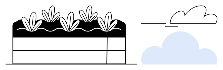 Fototapeta premium Raised garden bed filled with vegetation surrounded by a sunny sky and clouds. Ideal for gardening, sustainability, organic farming, nature, agriculture, environment, and seasonal growth. Simple flat
