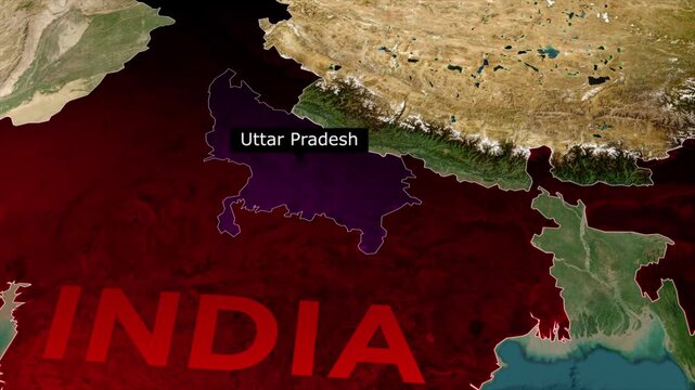 Uttar Pradesh map highlight animation, India state location zoom, political map video, geographic region highlight, satellite earth view animation