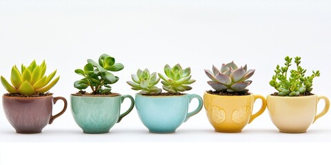 Fototapeta premium Five succulents in colorful teacups arranged in a row against a plain white background. The plants are vibrant and healthy, showcasing a variety of green hues and textures. 