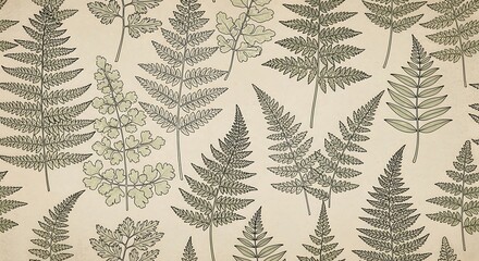 Vintage botanical pattern featuring an array of different fern illustrations on paper