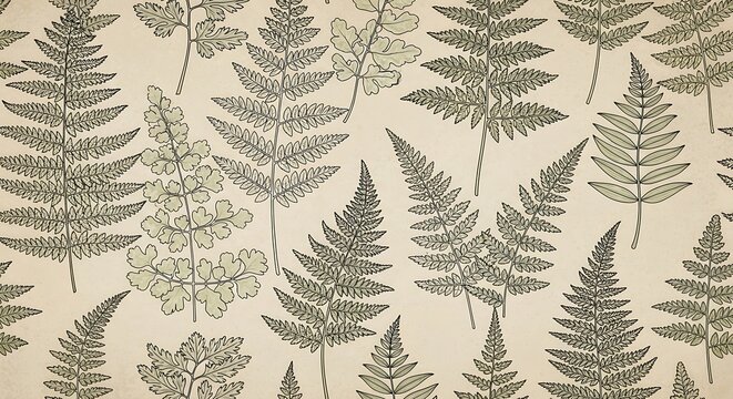 Vintage botanical pattern featuring an array of different fern illustrations on paper