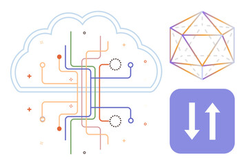 Cloud graphic with circuit lines, wireframe geometric shape, and arrows representing data flow and connectivity. Ideal for technology, cloud storage, network, innovation, AI systems, big data modern
