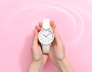 Hands hold white watch on pink surface